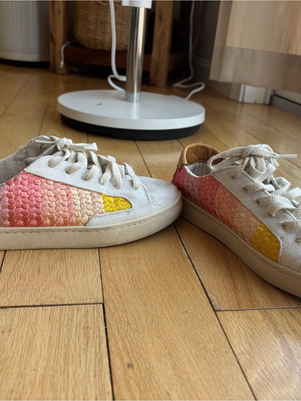 Soludos White Canvas Sneakers with Pink Peach and Yellow Panels